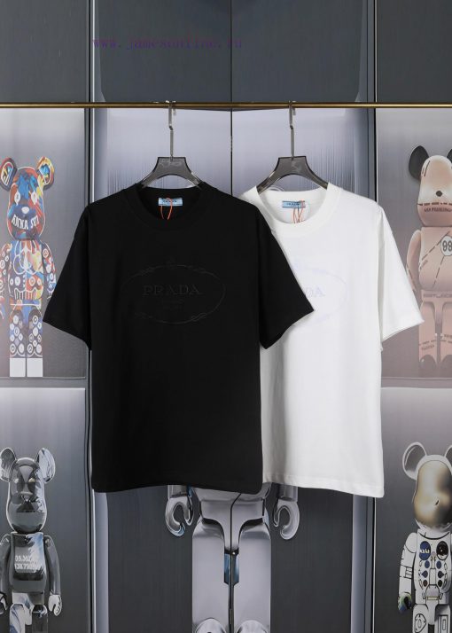 PRADA's New Embroidered Short Sleeves High Quality Double Pound Yarn 280g 32 Count Smooth Pure g9ypoy1y
