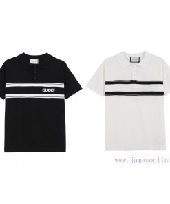 GUCCI  Gucci25SS Spring/Summer New Knitted POLO Short Sleeve Cardigan With Contrast Stripes Emb akkbm3ie