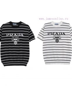 PRADA PRADA25SS Spring/summer New Knitted Short Sleeved Simple Striped Sweater With Letter Jacq 04dt7ee1