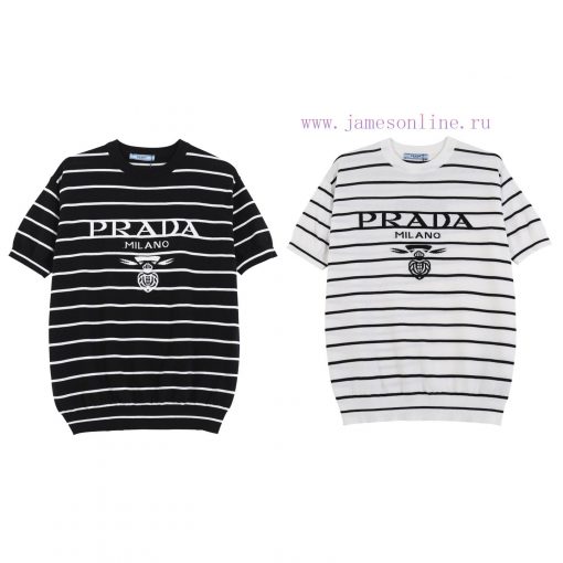 PRADA PRADA25SS Spring/summer New Knitted Short Sleeved Simple Striped Sweater With Letter Jacq 04dt7ee1