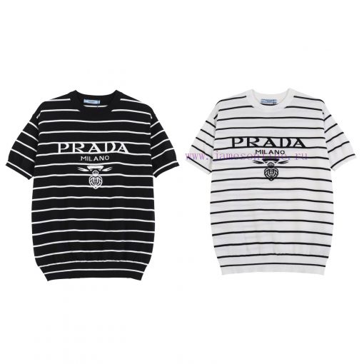 PRADA PRADA25SS Spring/summer New Knitted Short Sleeved Simple Striped Sweater With Letter Jacq 04dt7ee1 - Image 2