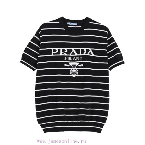 PRADA PRADA25SS Spring/summer New Knitted Short Sleeved Simple Striped Sweater With Letter Jacq 04dt7ee1 - Image 3