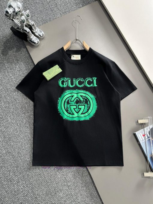 Arrived The Next DayGUCCI 2025 New Inkjet+flocking Double G Letter Logo Unisex Short Sleeved T- 0c2m4ucd