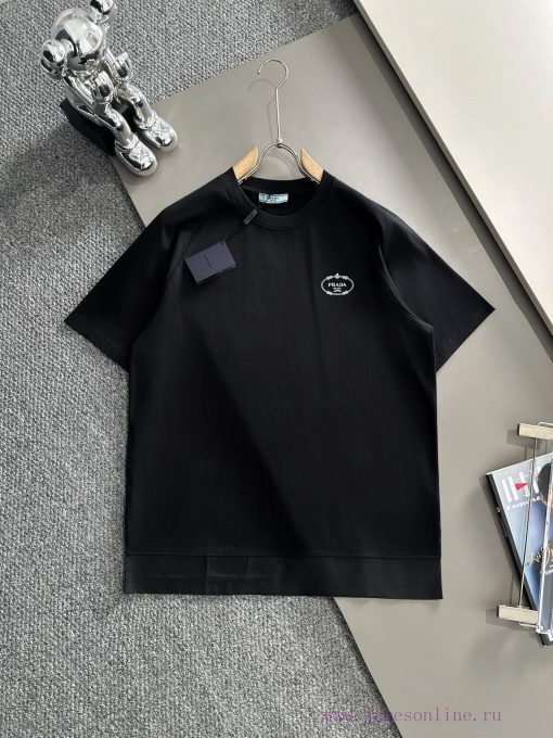Arrived The Next DayPRADA 2025 New Hem Patchwork Back Plush Letter Logo Unisex Short Sleeved T- pom1bnya - Image 2