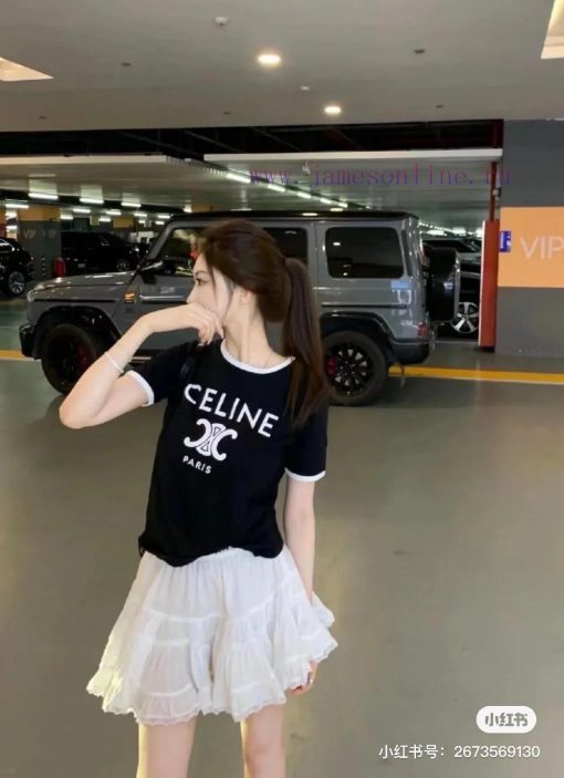 M139 Celine 25ss Early Spring New Plush High Quality Collar Splicing Short Sleeve T-shirt Focus mr043hcx - Image 3