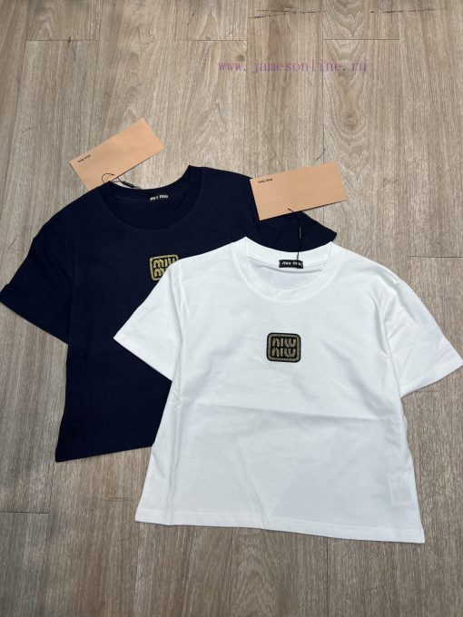 M145 Miumiu Early Spring New Collection Gold Embroidery Small Edition Round Neck Short Sleeve T kh5r7nqs - Image 2