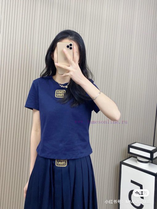 M145 Miumiu Early Spring New Collection Gold Embroidery Small Edition Round Neck Short Sleeve T kh5r7nqs - Image 9