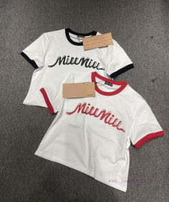 M144 Miumiu 25ss Early Spring New Color Blocked Round Neck Short Sleeved T-shirt In Stock Quali zpohtxnu