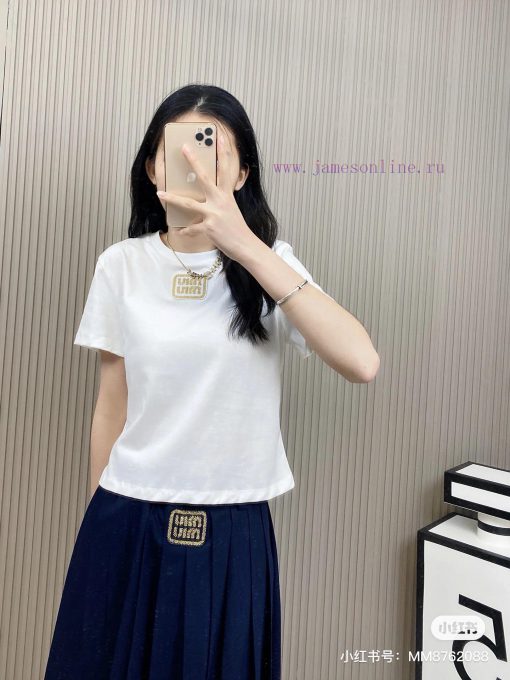 M145 Miumiu Early Spring New Collection Gold Embroidery Small Edition Round Neck Short Sleeve T kh5r7nqs - Image 15