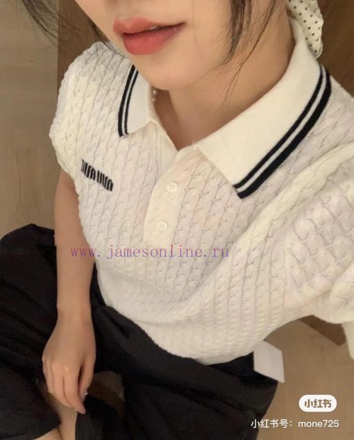 M124 Miumiu Miao Miao New Early Spring Fried Dough Twists Polo Small Jacquard Golo Knitted Shor fovlfnaq - Image 7