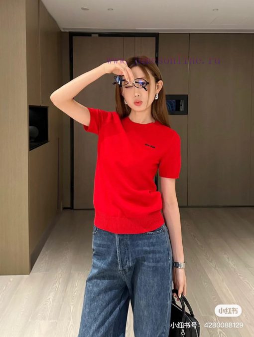 M122 Miumiu New Item In Stock Small Jacquard Golo Cardigan Wool Knitted Short Sleeved Sweater I scov8uw1 - Image 5