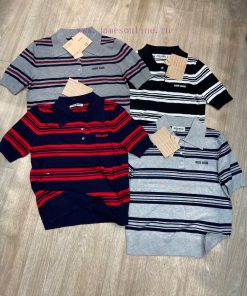 M128 Miumiu Early Spring New Striped Polo Small Jacquard Golo Knitted Short Sleeved Sweater In dikpew6i