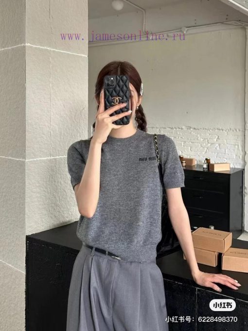 M122 Miumiu New Item In Stock Small Jacquard Golo Cardigan Wool Knitted Short Sleeved Sweater I scov8uw1 - Image 9
