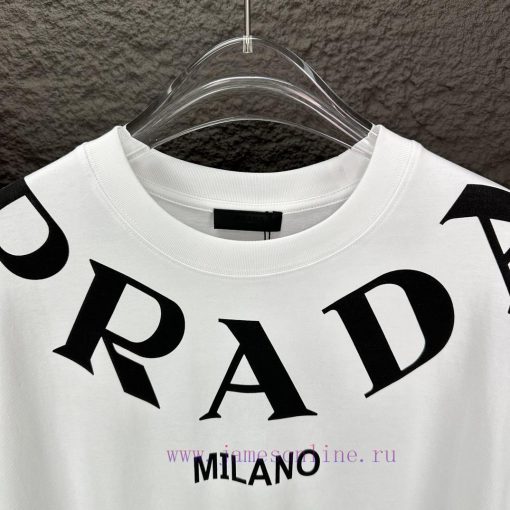 Prada 2024 New Collar Letter Logo Couple's Short Sleeved T-shirtOriginal Fabric With Digital Di aiu1tcak - Image 3
