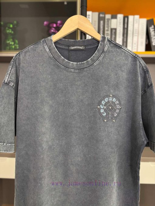 Chrome Hearts 2025 Spring/summer New Horseshoe Cross Diamond Nail Washed Short Sleeved T-shirt k8gdkibu - Image 4