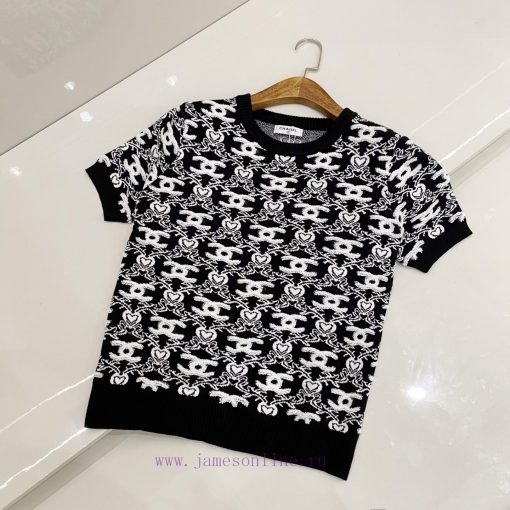 Chanel 25ss Chanel Style Spring New Full Print Jacquard Knitted Round Neck Short Sleeved T-shir 0gdzhf5a - Image 3