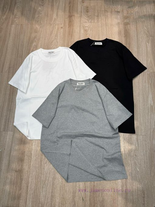 M192 Miumiu Synchronous Solid Color Patch Embroidered Round Neck Short Sleeved T-shirt In Stock epo7yn6h