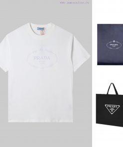 PRADA's New Embroidered Short Sleeves High Quality Double Pound Yarn 280g 32 Count Smooth Pure 5u41ueto