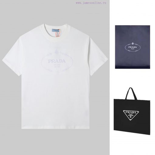 PRADA's New Embroidered Short Sleeves High Quality Double Pound Yarn 280g 32 Count Smooth Pure 5u41ueto