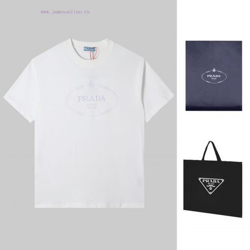 PRADA's New Embroidered Short Sleeves High Quality Double Pound Yarn 280g 32 Count Smooth Pure 5u41ueto - Image 2