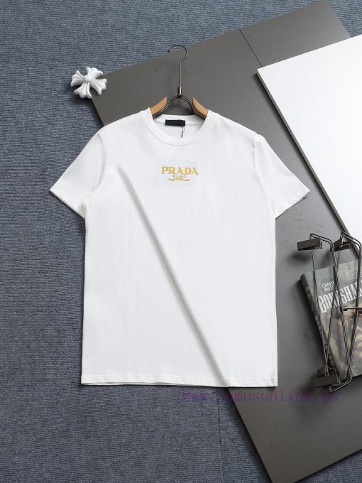 R-9502 Prada PRADA 25 New Round Neck Short Sleeved T-shirt Woven With High Weight Pure Cotton F x9uefmds - Image 2