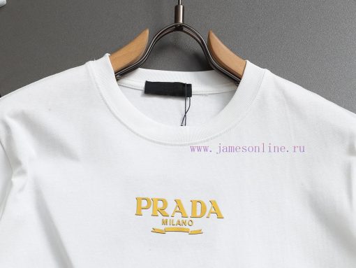 R-9502 Prada PRADA 25 New Round Neck Short Sleeved T-shirt Woven With High Weight Pure Cotton F x9uefmds - Image 4