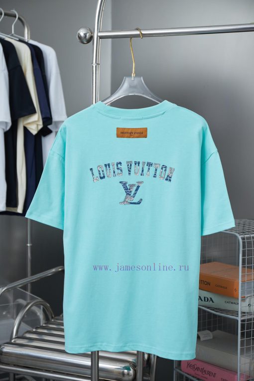 LV Louis Vuitton 25SS Early Spring New Denim Patch Lv Letter Hot Diamond Short SleeveLight Luxu c6su4it8 - Image 3