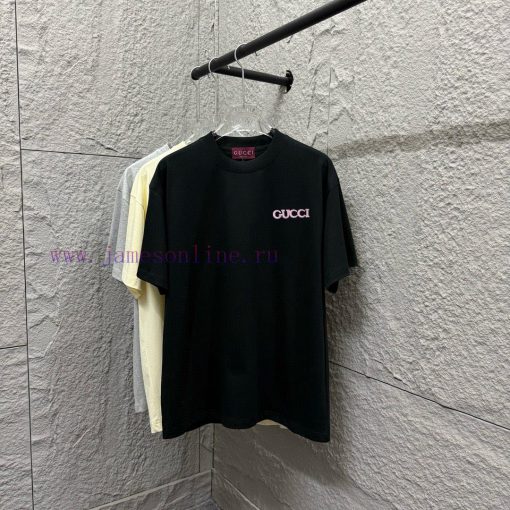 Gu Gu * Chi 2025 Spring/Summer New Collection Pink Letter Double G Embroidered Short Sleeve T-s k3tocg21