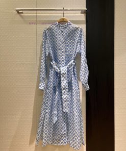New Blue Floral Jacquard Stand Up Collar Shirt Dress Long Skirt 🦋 Belt Slimming And Slimming W 939ye54h