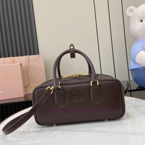MiuMiu Bags New Miumiu Miu Arcadie Cowhide Medium (27cm) Bowling Handbag/Crossbody Bag - Cognac Leather Wit 5kc5kg8u