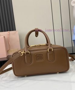 MiuMiu Bags New Miumiu Miu Arcadie Cowhide Medium (27cm) Bowling Handbag/Crossbody Bag - Cognac Leather Wit f19dp7yh