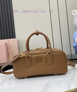MiuMiu Bags New Miumiu Miu Arcadie Cowhide Medium (27cm) Bowling Handbag/Crossbody Bag - Cognac Leather Wit wdchdy8j