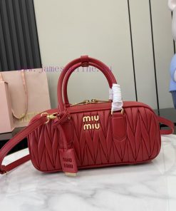 MiuMiu Bags New Arcadia Matelasse Sheep Leather Medium 27cm Bowling Handbag/Crossbody Bag - Red SheepskinTh a60lql52