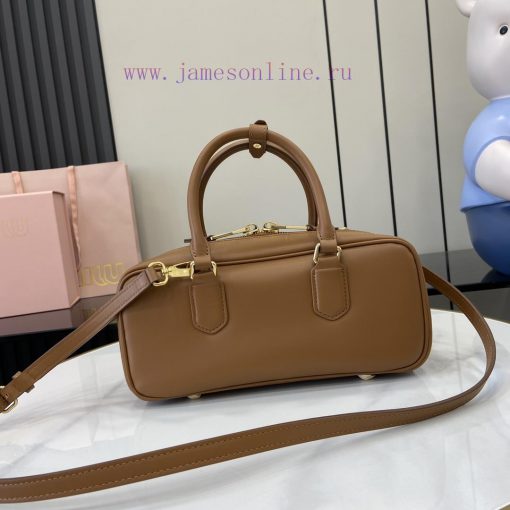 MiuMiu Bags New Miumiu Miu Arcadie Cowhide Medium (27cm) Bowling Handbag/Crossbody Bag - Cognac Leather Wit a2k0xt8v - Image 12