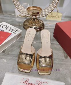 Roger Vivier RV Open Toed Metal Square Buckle High-heeled Slippers With Cooldown New RV Early S wu34l741