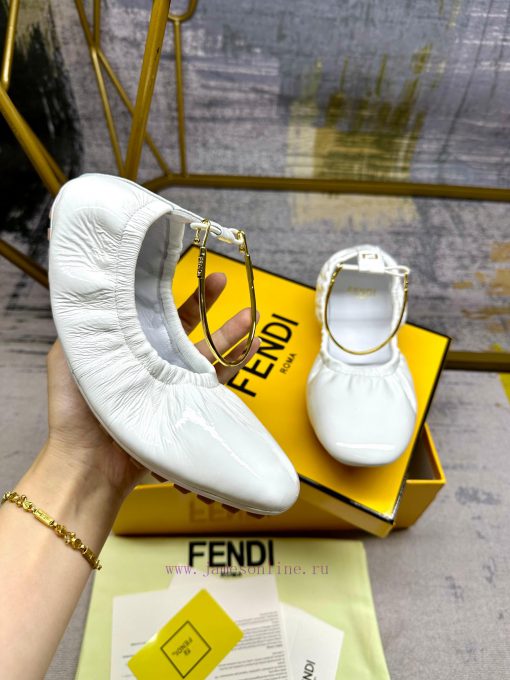 FENDI Filo Ballet Flat Shoes With Metallic Ankle Strap FF Decorative Heel White Soft Patent Lea a8y7x96p