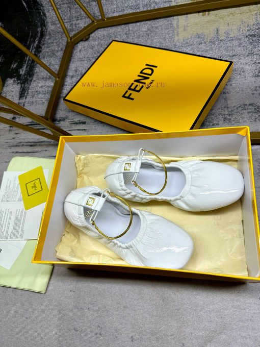 FENDI Filo Ballet Flat Shoes With Metallic Ankle Strap FF Decorative Heel White Soft Patent Lea a8y7x96p - Image 5