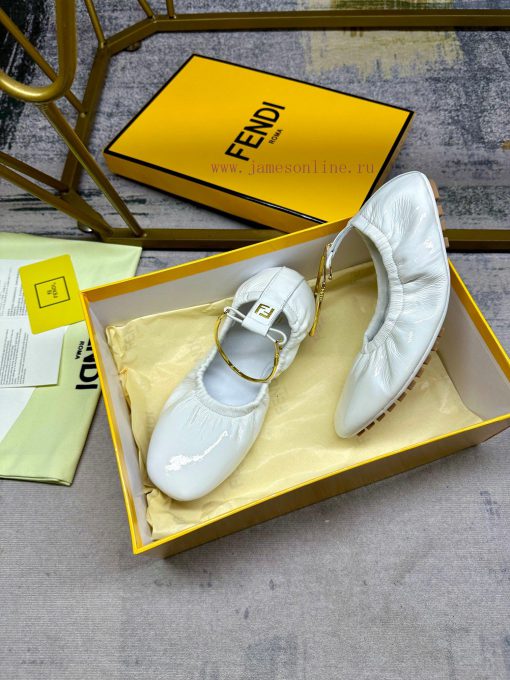 FENDI Filo Ballet Flat Shoes With Metallic Ankle Strap FF Decorative Heel White Soft Patent Lea a8y7x96p - Image 7