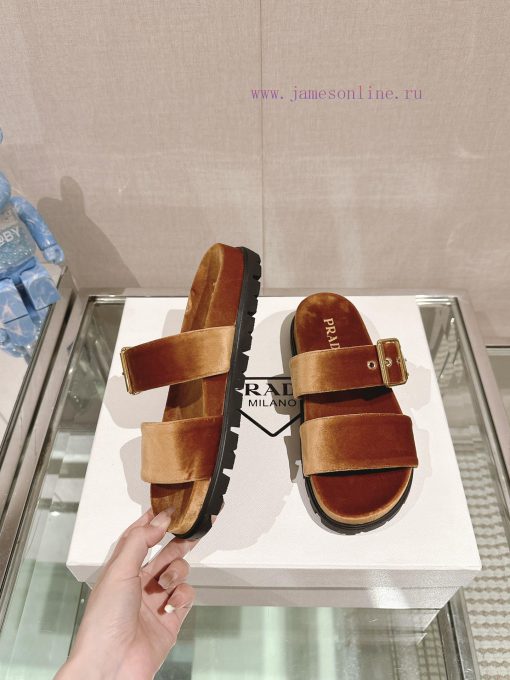 -24Ss New Prada Double Strap Velvet SlippersThis Sandal Features A Mixed Design That Cleverly B zjoynyzo - Image 5