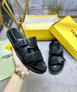 FENDI's Latest Popular Double Strap Flat Slippers Laser Engraved FF Pattern On Black Cowhide Fa 43rvk96m