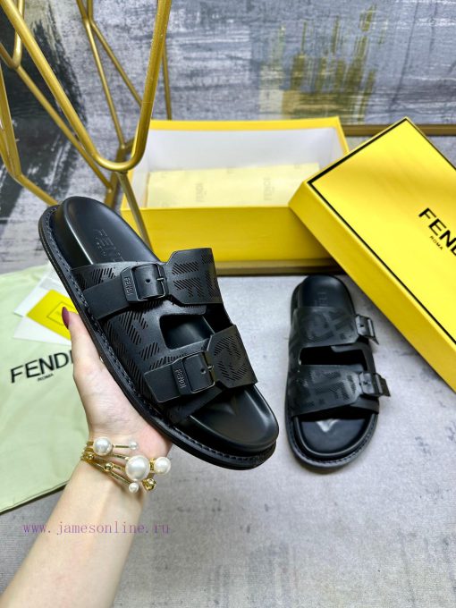 FENDI's Latest Popular Double Strap Flat Slippers Laser Engraved FF Pattern On Black Cowhide Fa 43rvk96m - Image 2