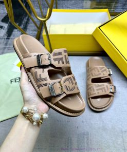 FENDI's Latest Popular Double Strap Flat Slippers Laser Engraved FF Pattern On Brown Cowhide Fa wxg516hj