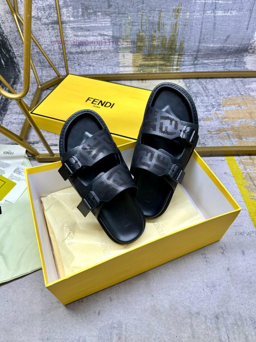 FENDI's Latest Popular Double Strap Flat Slippers Laser Engraved FF Pattern On Black Cowhide Fa 43rvk96m - Image 7