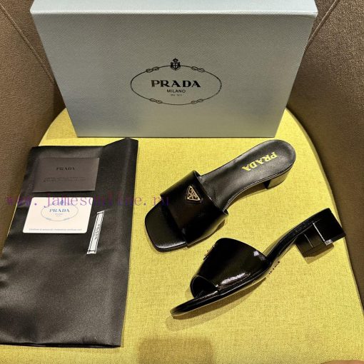 Prada/Prada 2024 Spring/Summer New Product Saffiano Lacquer Leather Middle Heel Slippers Shinin pvazxrpp - Image 5