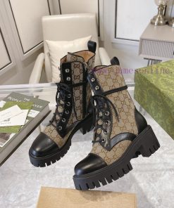 GucciGucci's New Jacquard Canvas Lace Up Bare BootsAdopting A Thick Sole Structure Combined Wit amto2yye