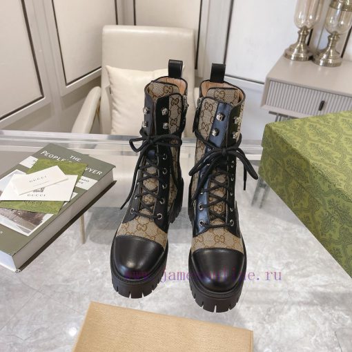 GucciGucci's New Jacquard Canvas Lace Up Bare BootsAdopting A Thick Sole Structure Combined Wit amto2yye - Image 5