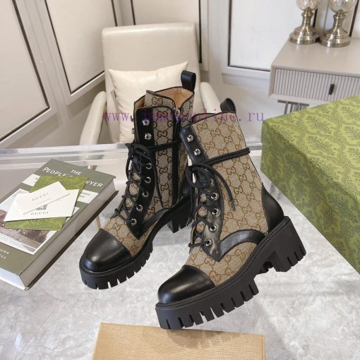 GucciGucci's New Jacquard Canvas Lace Up Bare BootsAdopting A Thick Sole Structure Combined Wit amto2yye - Image 11