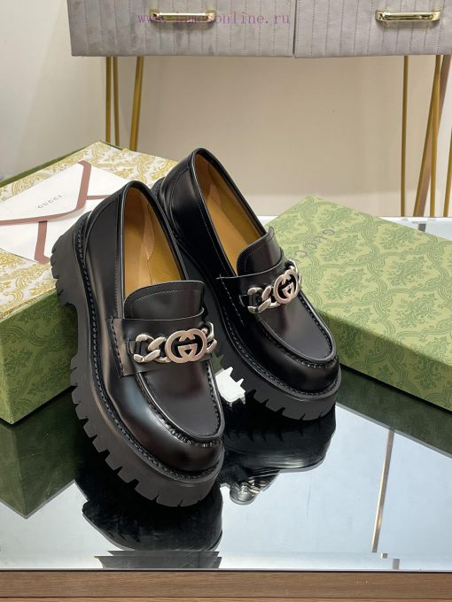 2024 Early Autumn GUCCI Interlocking Double G Chain Grooved Sole LoafersThick Soled Single Shoe 6t64b98q