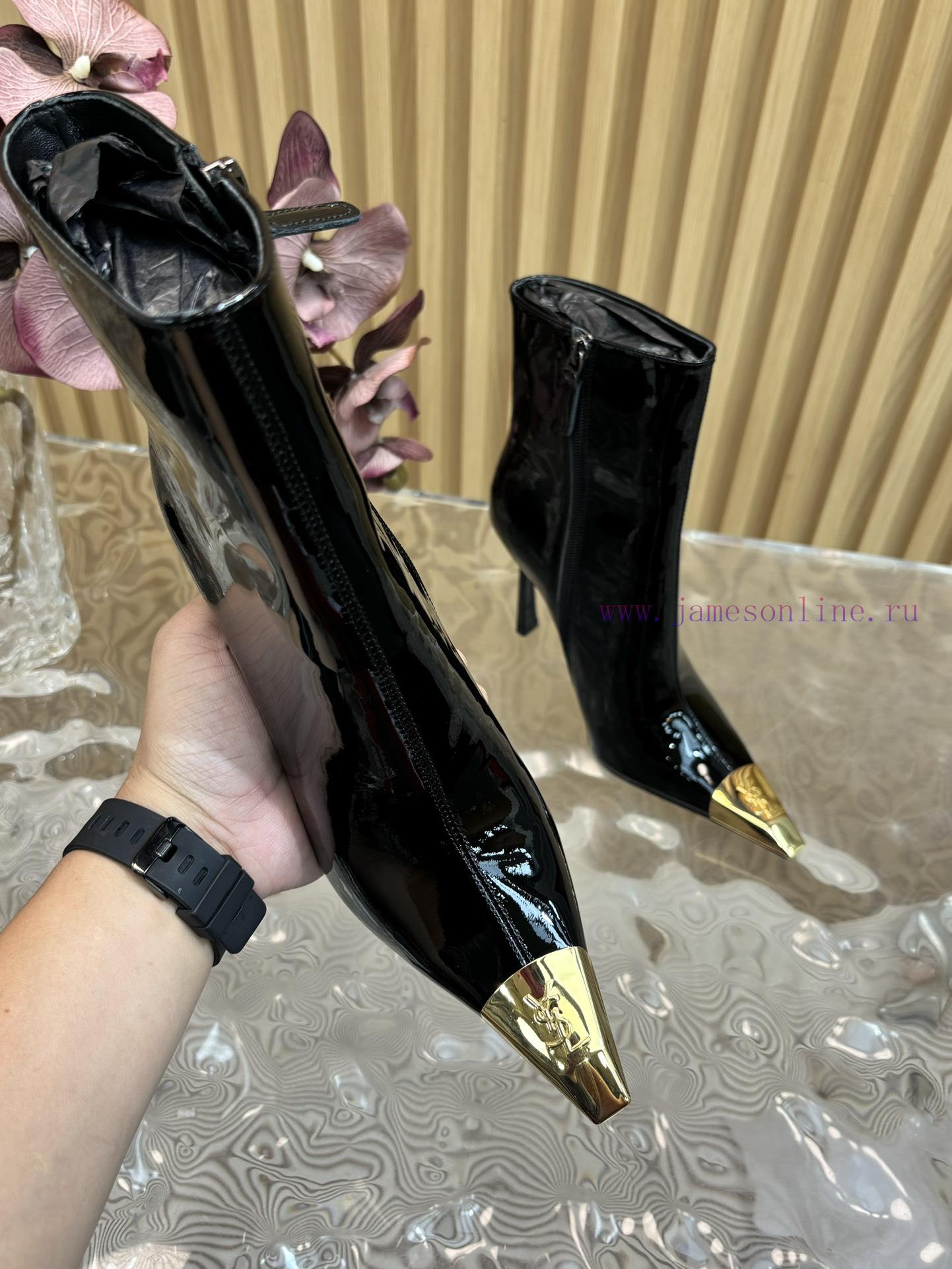 Top Quality Saint Laurent/Saint Laurent Lee Metal Steel Toe YSL Letter High-heeled Mid Leg Boot 0etwaf72 - Image 4