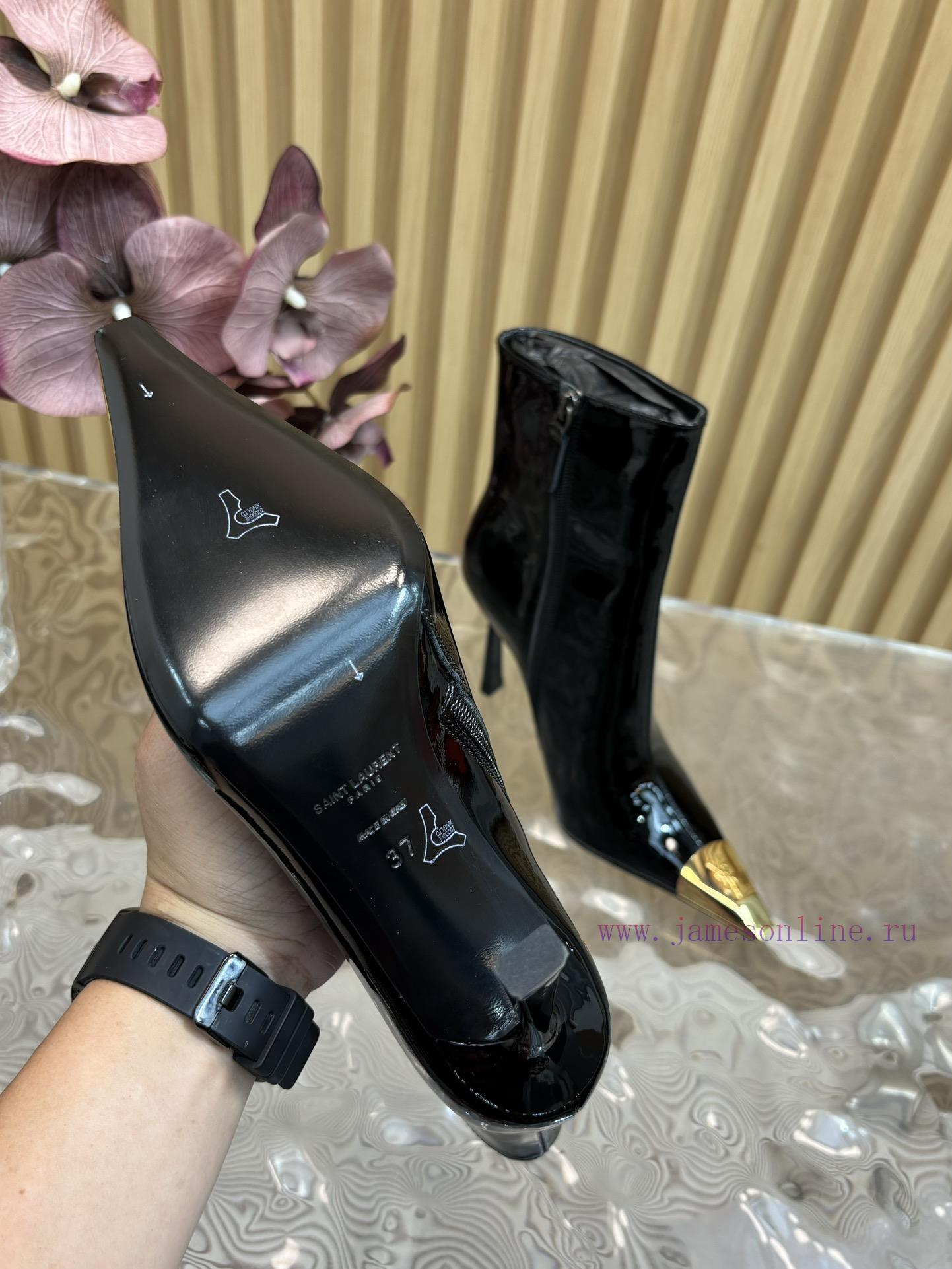 Top Quality Saint Laurent/Saint Laurent Lee Metal Steel Toe YSL Letter High-heeled Mid Leg Boot 0etwaf72 - Image 5